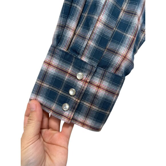 Wrangler Western Button Down Tshirt Womens Large Blue Plaid Pearl Snap Cowgirl - Picture 8 of 16